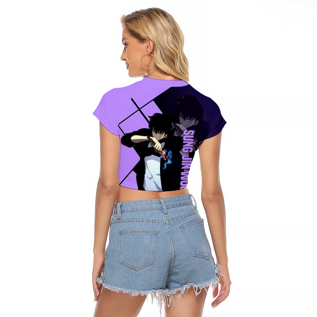 Sung Jinwoo Solo Leveling Raglan Cropped T Shirt with Shadow Monarch Aura and Dark Battle Pose Design - The Mazicc
