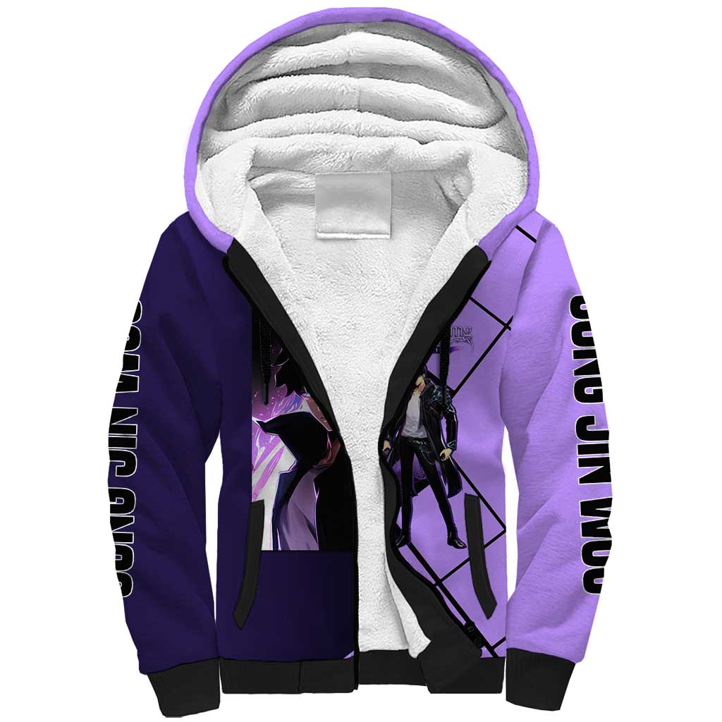 Sung Jinwoo Solo Leveling Sherpa Hoodie with Shadow Monarch Aura and Dark Battle Pose Design - The Mazicc