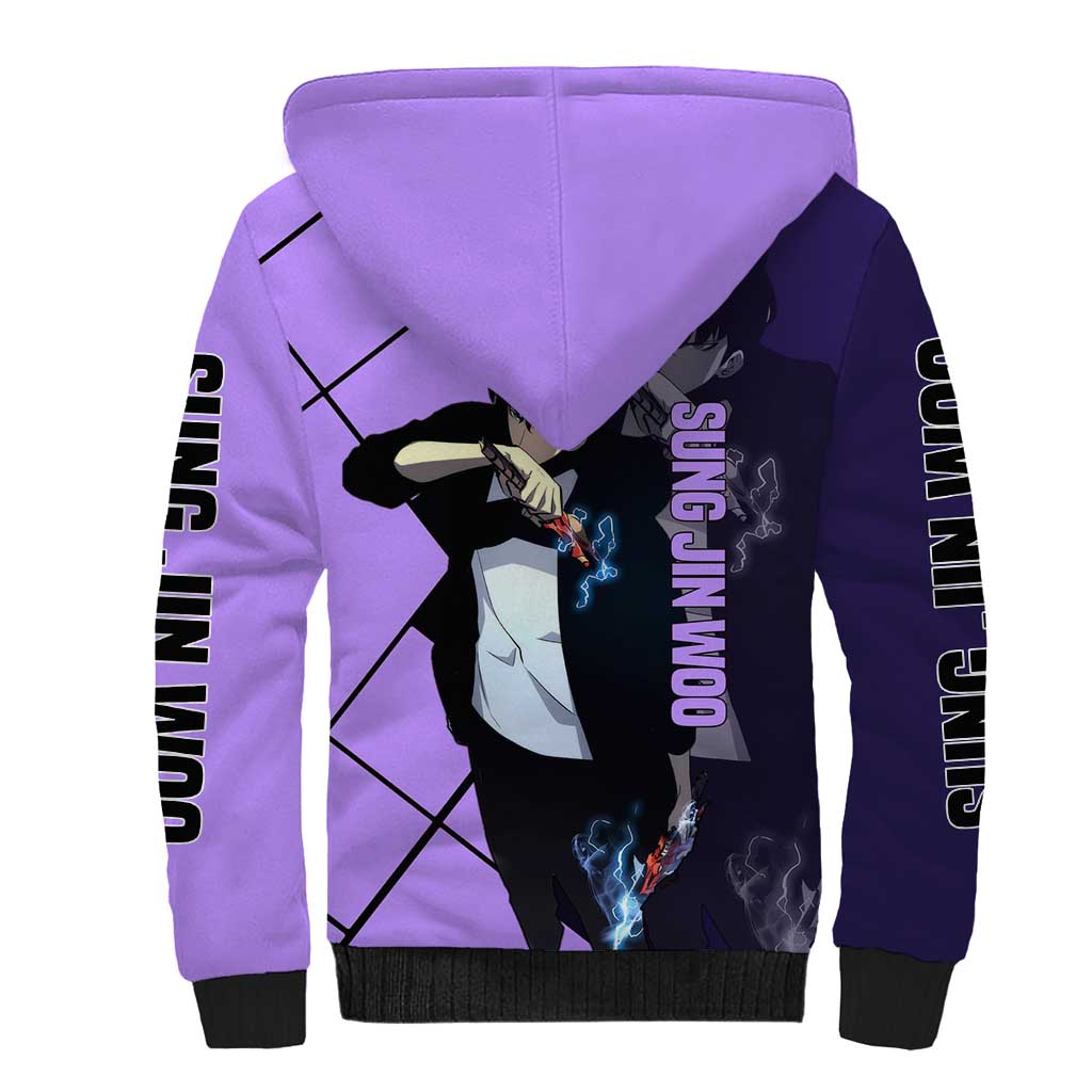 Sung Jinwoo Solo Leveling Sherpa Hoodie with Shadow Monarch Aura and Dark Battle Pose Design - The Mazicc