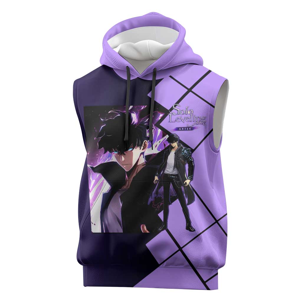 Sung Jinwoo Solo Leveling Sleeveless Hoodie with Shadow Monarch Aura and Dark Battle Pose Design - The Mazicc