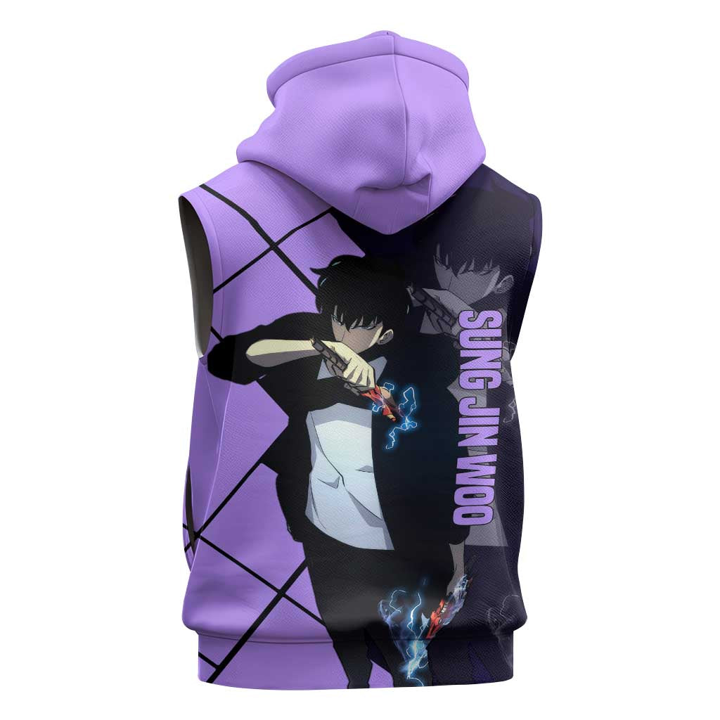 Sung Jinwoo Solo Leveling Sleeveless Hoodie with Shadow Monarch Aura and Dark Battle Pose Design - The Mazicc