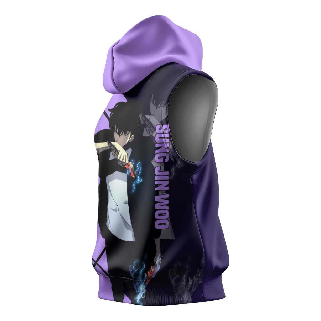 Sung Jinwoo Solo Leveling Sleeveless Hoodie with Shadow Monarch Aura and Dark Battle Pose Design - The Mazicc