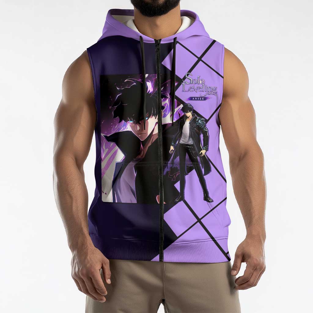 Sung Jinwoo Solo Leveling Sleeveless Zip Hoodie with Shadow Monarch Aura and Dark Battle Pose Design - The Mazicc