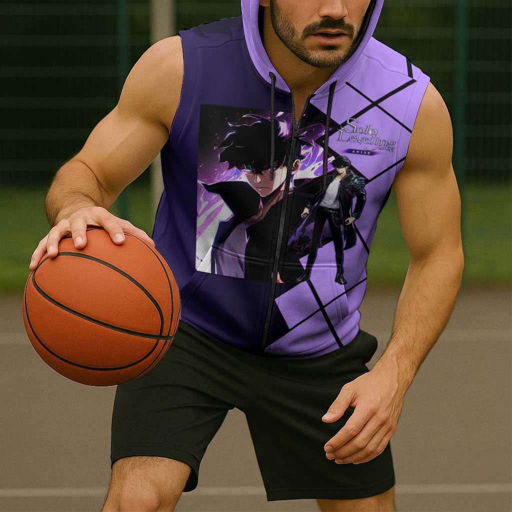 Sung Jinwoo Solo Leveling Sleeveless Zip Hoodie with Shadow Monarch Aura and Dark Battle Pose Design - The Mazicc