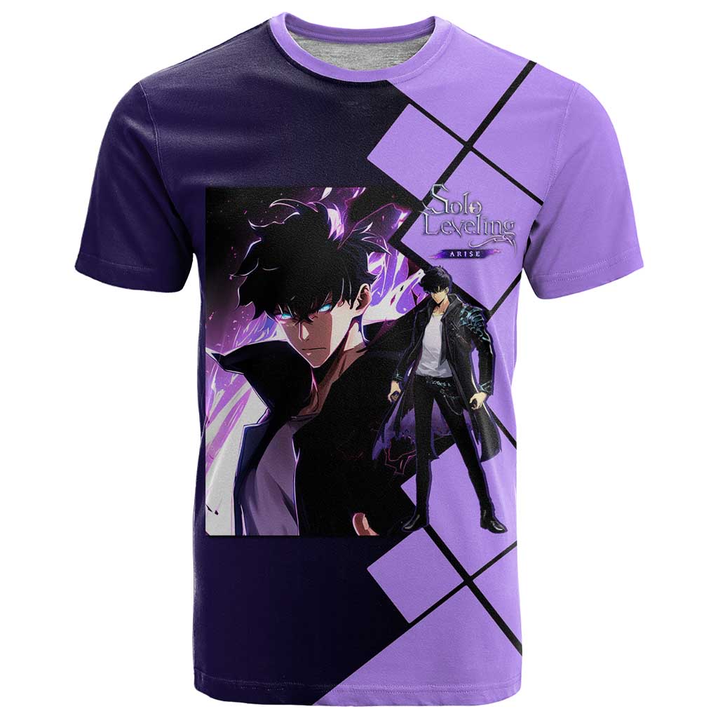 Sung Jinwoo Solo Leveling T Shirt with Shadow Monarch Aura and Dark Battle Pose Design - The Mazicc