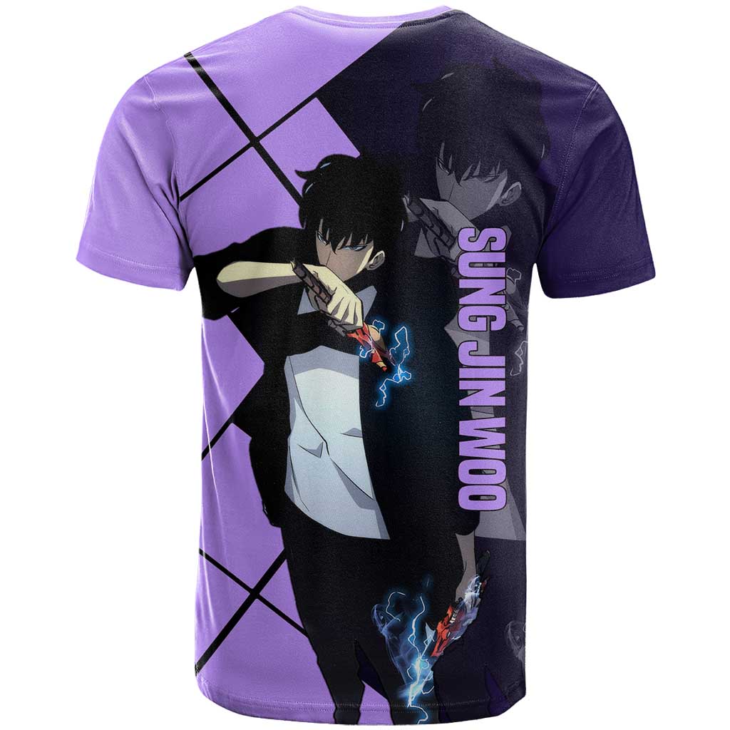 Sung Jinwoo Solo Leveling T Shirt with Shadow Monarch Aura and Dark Battle Pose Design - The Mazicc