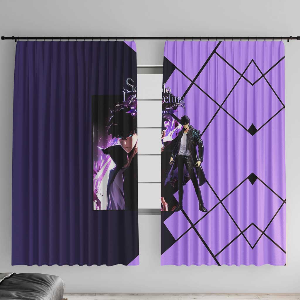 Sung Jinwoo Solo Leveling Window Curtain with Shadow Monarch Aura and Dark Battle Pose Design - The Mazicc