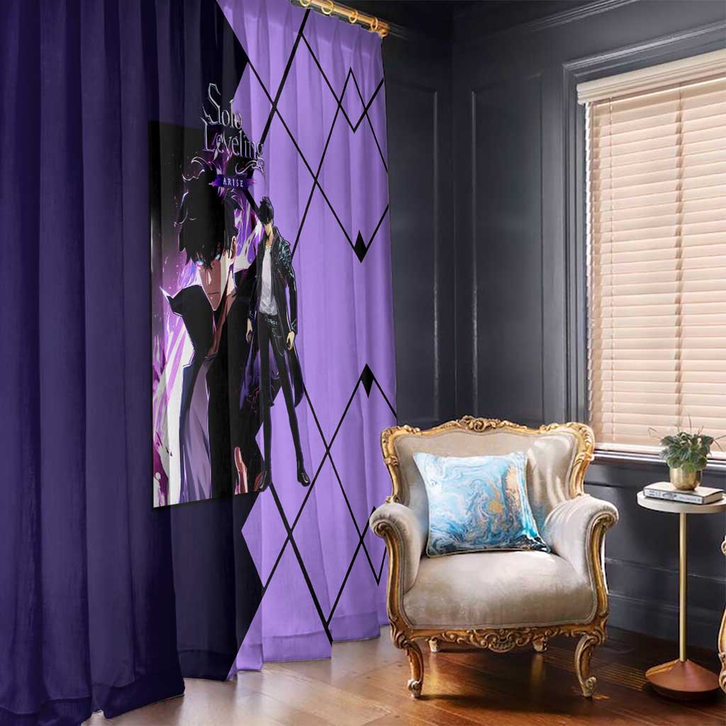 Sung Jinwoo Solo Leveling Window Curtain with Shadow Monarch Aura and Dark Battle Pose Design - The Mazicc
