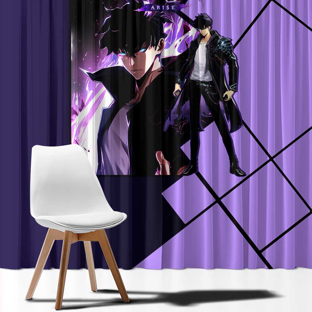 Sung Jinwoo Solo Leveling Window Curtain with Shadow Monarch Aura and Dark Battle Pose Design - The Mazicc