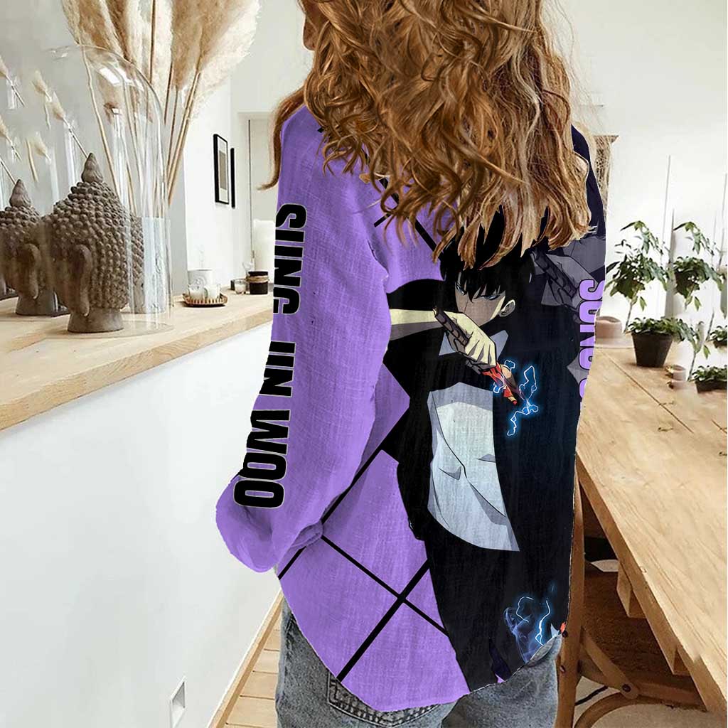 Sung Jinwoo Solo Leveling Women Casual Shirt with Shadow Monarch Aura and Dark Battle Pose Design - The Mazicc