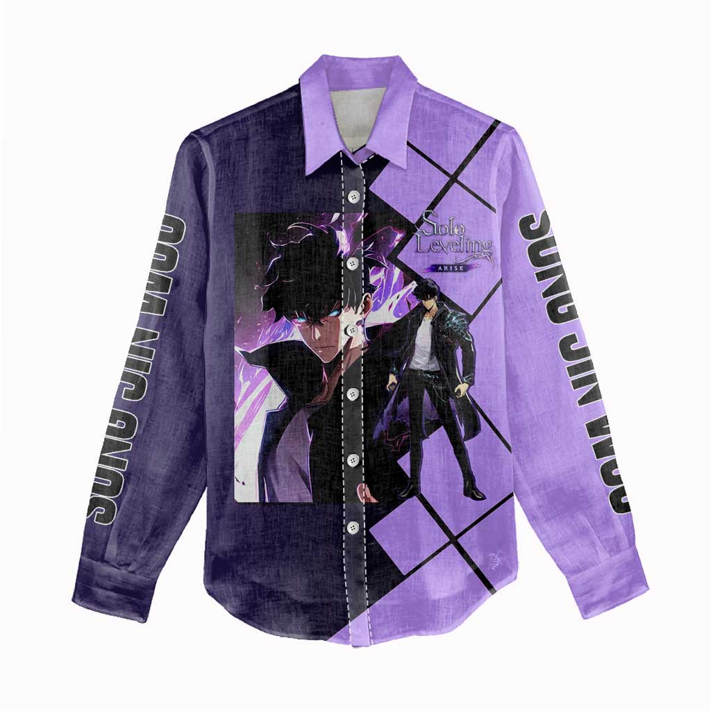 Sung Jinwoo Solo Leveling Women Casual Shirt with Shadow Monarch Aura and Dark Battle Pose Design - The Mazicc