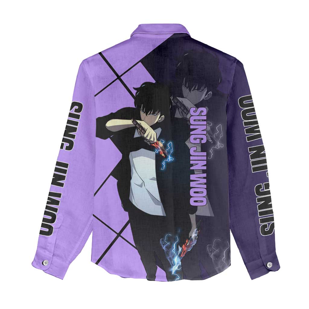 Sung Jinwoo Solo Leveling Women Casual Shirt with Shadow Monarch Aura and Dark Battle Pose Design - The Mazicc