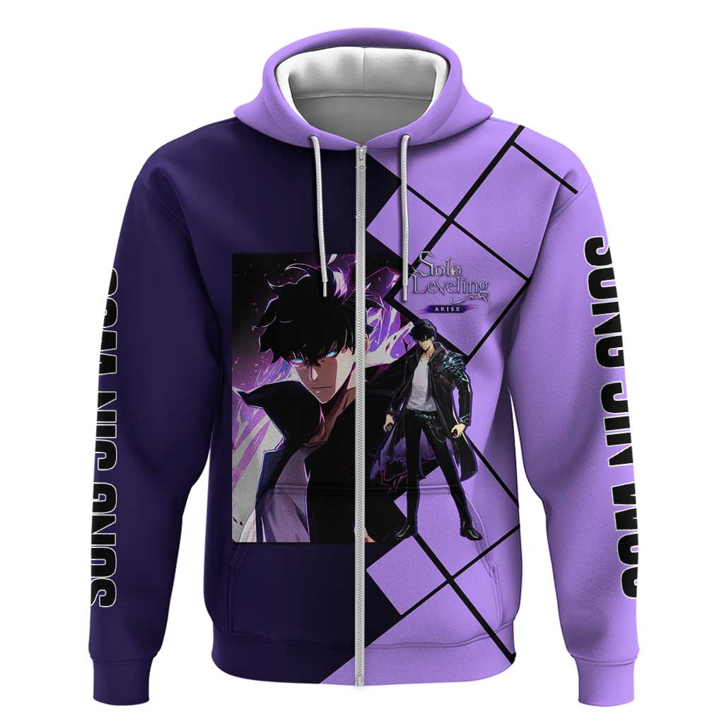 Sung Jinwoo Solo Leveling Zip Hoodie with Shadow Monarch Aura and Dark Battle Pose Design - The Mazicc