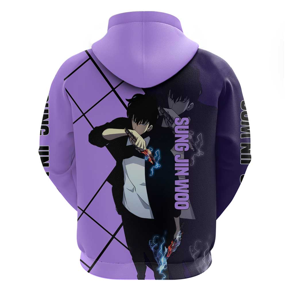 Sung Jinwoo Solo Leveling Zip Hoodie with Shadow Monarch Aura and Dark Battle Pose Design - The Mazicc