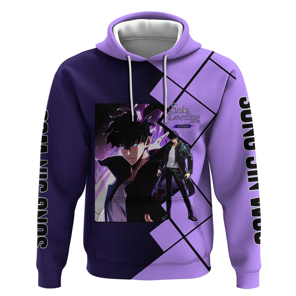 Sung Jinwoo Solo Leveling Zip Hoodie with Shadow Monarch Aura and Dark Battle Pose Design - The Mazicc