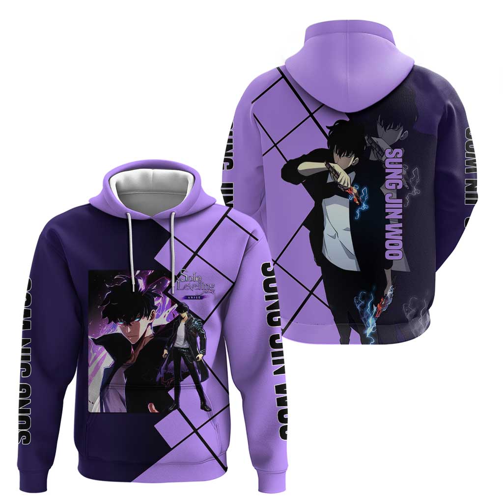 Sung Jinwoo Solo Leveling Zip Hoodie with Shadow Monarch Aura and Dark Battle Pose Design - The Mazicc
