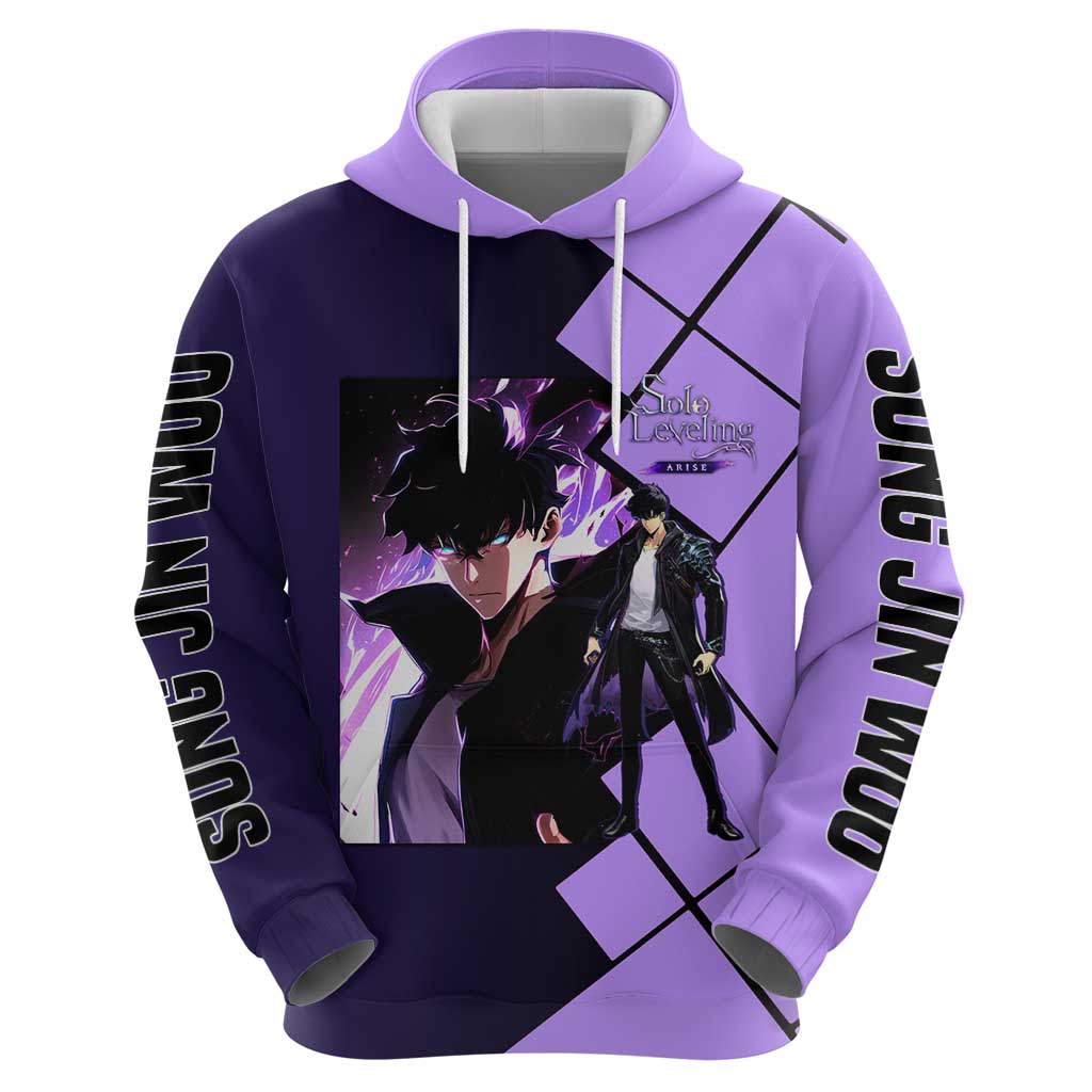 Sung Jinwoo Solo Leveling Zip Hoodie with Shadow Monarch Aura and Dark Battle Pose Design - The Mazicc