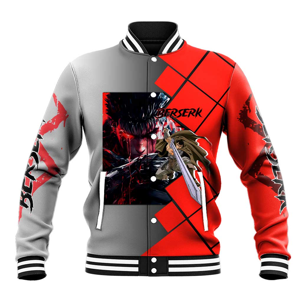 Guts Berserk Baseball Jacket with Dragonslayer Sword and Intense Battle Pose Design - The Mazicc