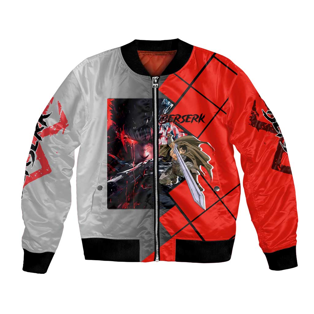 Guts Berserk Bomber Jacket with Dragonslayer Sword and Intense Battle Pose Design - The Mazicc