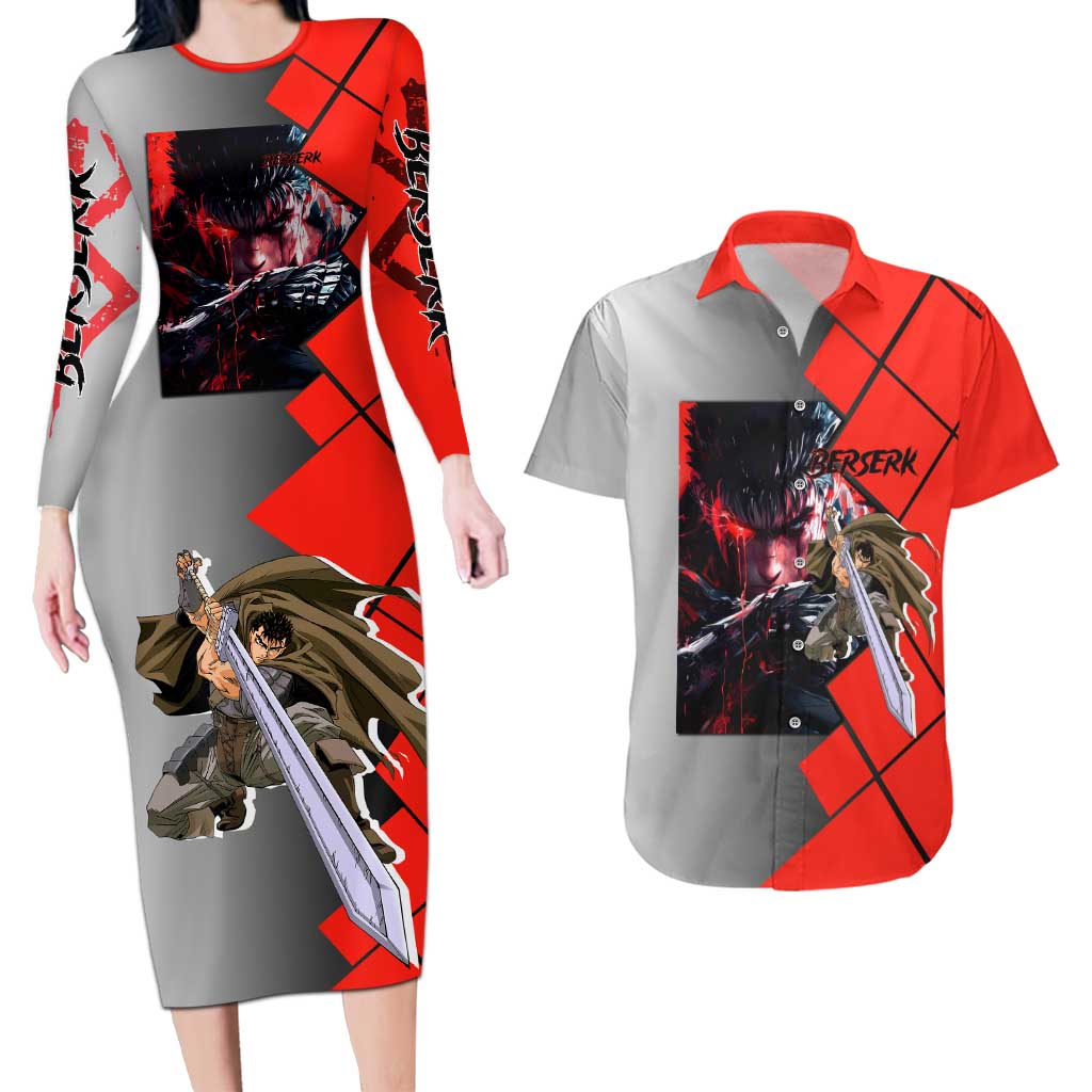 Guts Berserk Couples Matching Long Sleeve Bodycon Dress and Hawaiian Shirt with Dragonslayer Sword and Intense Battle Pose Design - The Mazicc
