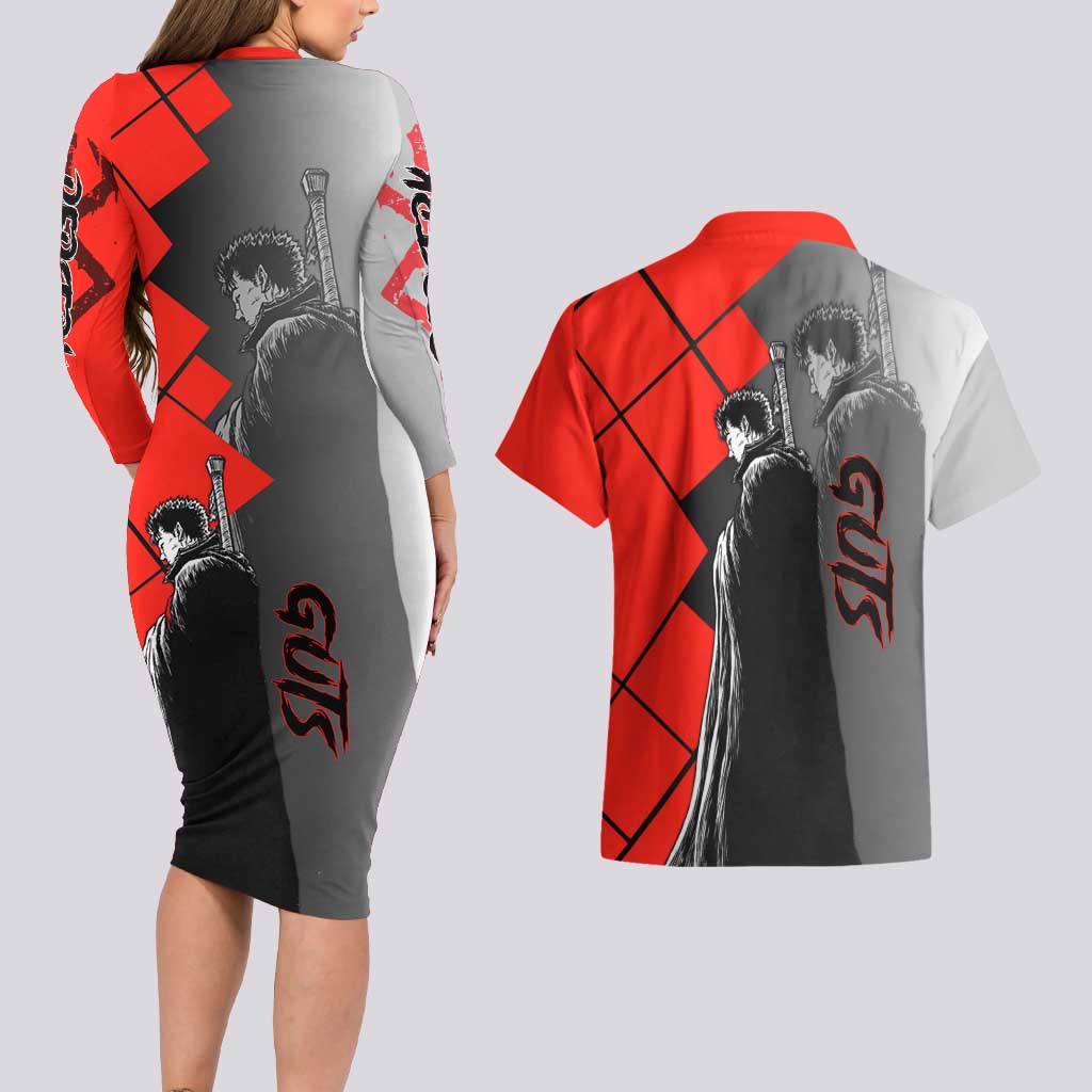 Guts Berserk Couples Matching Long Sleeve Bodycon Dress and Hawaiian Shirt with Dragonslayer Sword and Intense Battle Pose Design - The Mazicc