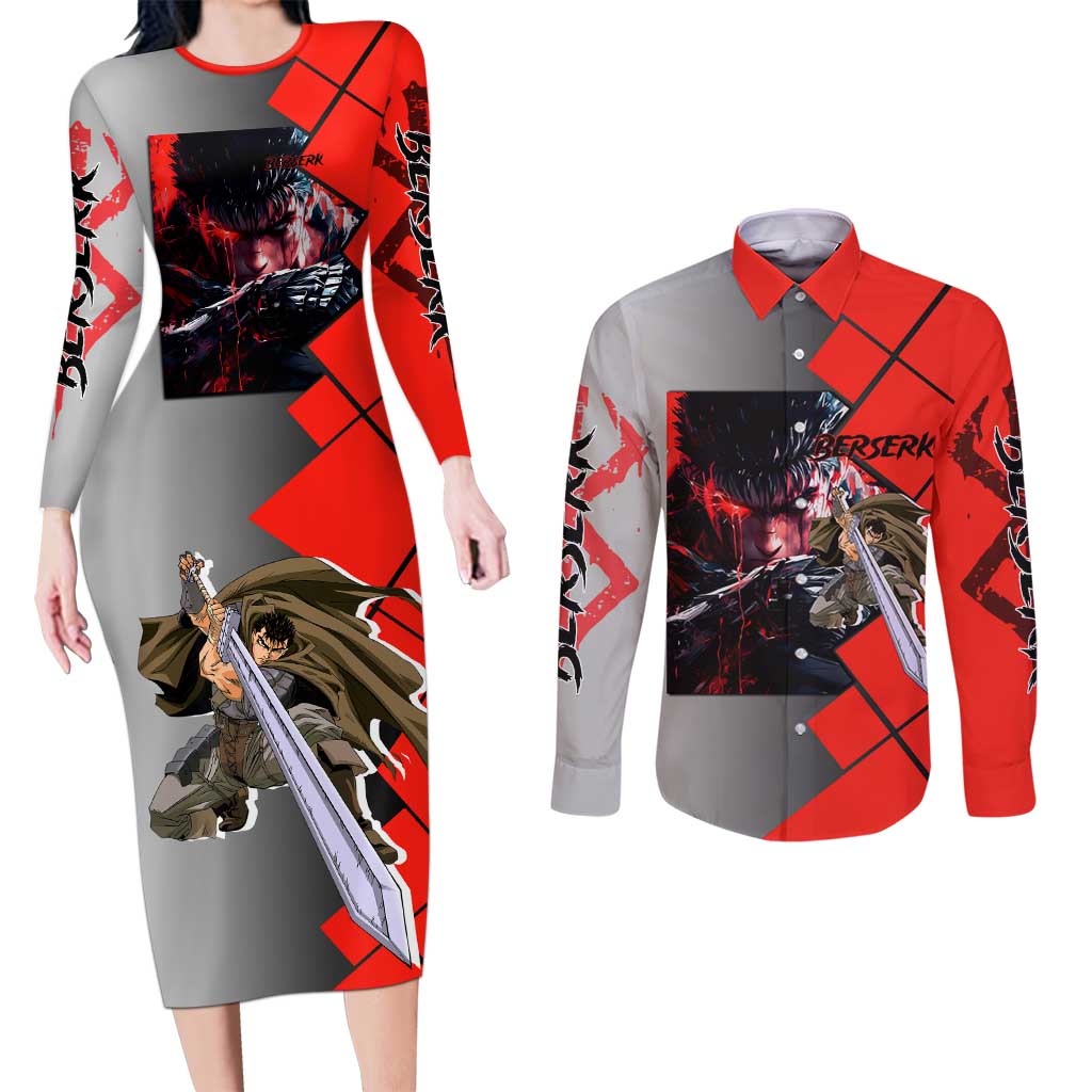 Guts Berserk Couples Matching Long Sleeve Bodycon Dress and Long Sleeve Button Shirt with Dragonslayer Sword and Intense Battle Pose Design - The Mazicc
