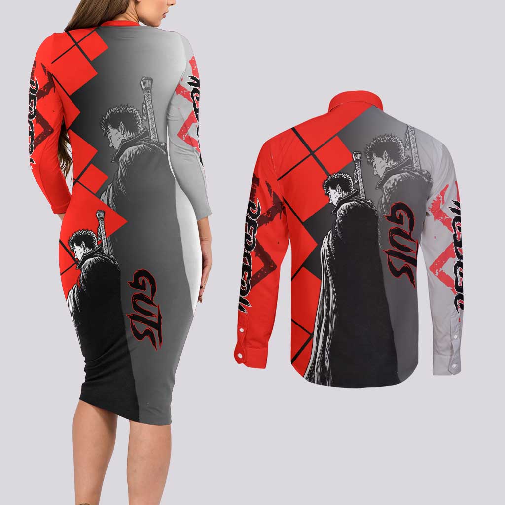Guts Berserk Couples Matching Long Sleeve Bodycon Dress and Long Sleeve Button Shirt with Dragonslayer Sword and Intense Battle Pose Design - The Mazicc