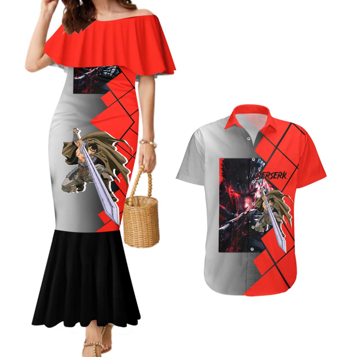 Guts Berserk Couples Matching Mermaid Dress and Hawaiian Shirt with Dragonslayer Sword and Intense Battle Pose Design - The Mazicc