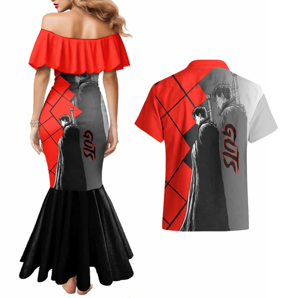 Guts Berserk Couples Matching Mermaid Dress and Hawaiian Shirt with Dragonslayer Sword and Intense Battle Pose Design - The Mazicc