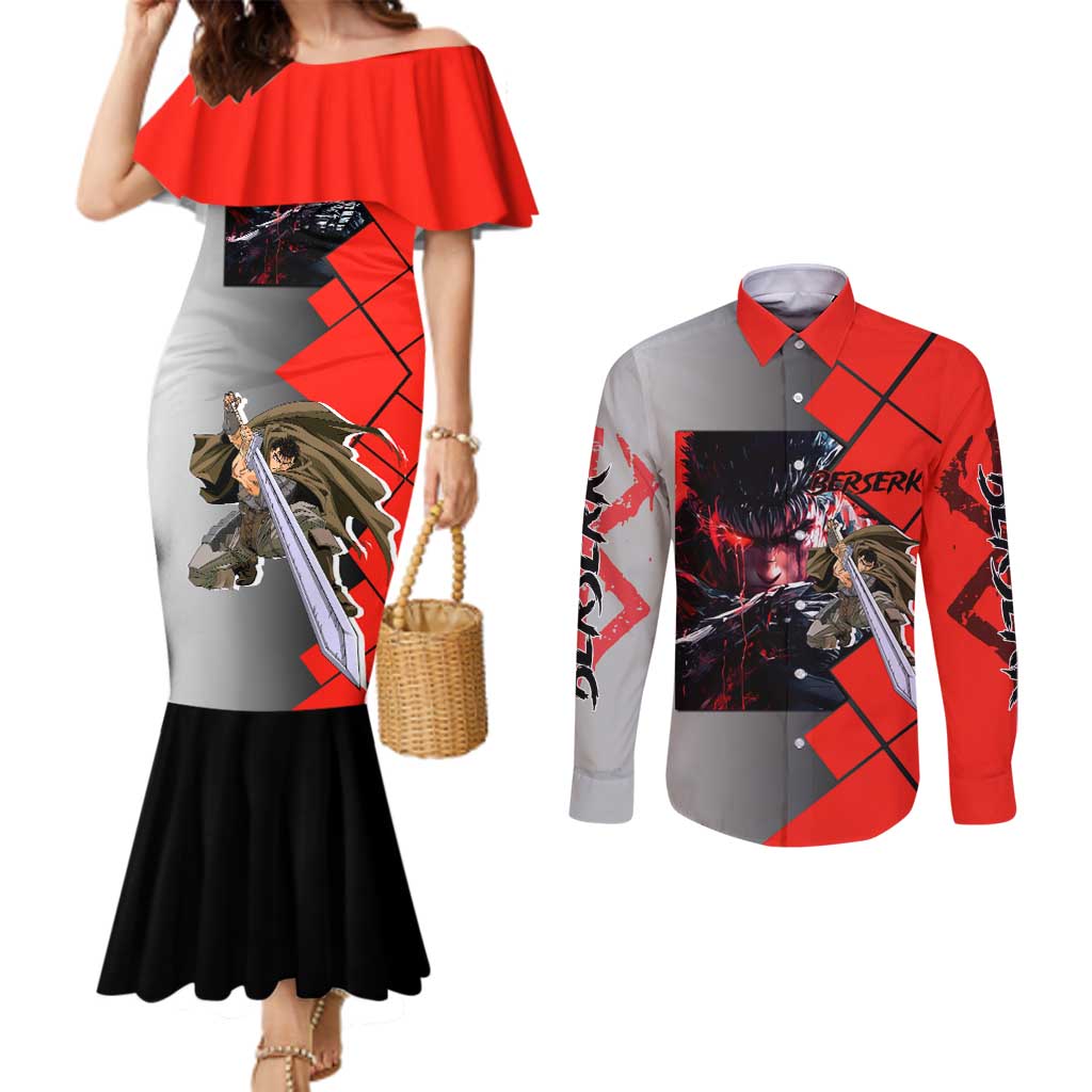Guts Berserk Couples Matching Mermaid Dress and Long Sleeve Button Shirt with Dragonslayer Sword and Intense Battle Pose Design - The Mazicc