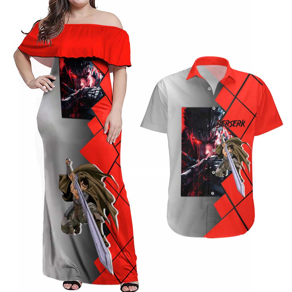 Guts Berserk Couples Matching Off Shoulder Maxi Dress and Hawaiian Shirt with Dragonslayer Sword and Intense Battle Pose Design - The Mazicc