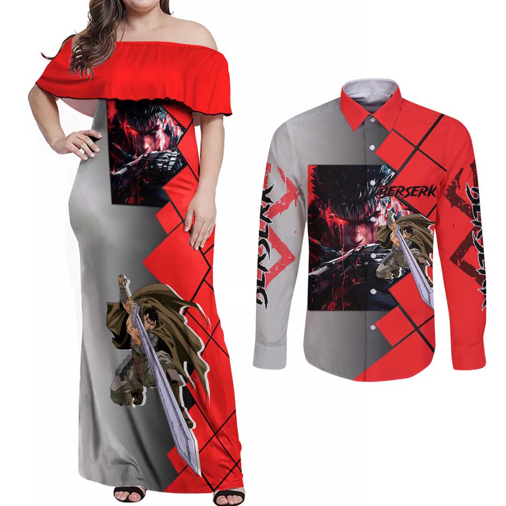 Guts Berserk Couples Matching Off Shoulder Maxi Dress and Long Sleeve Button Shirt with Dragonslayer Sword and Intense Battle Pose Design - The Mazicc