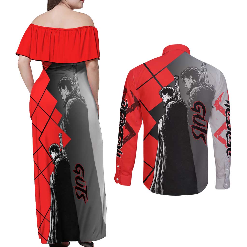 Guts Berserk Couples Matching Off Shoulder Maxi Dress and Long Sleeve Button Shirt with Dragonslayer Sword and Intense Battle Pose Design - The Mazicc