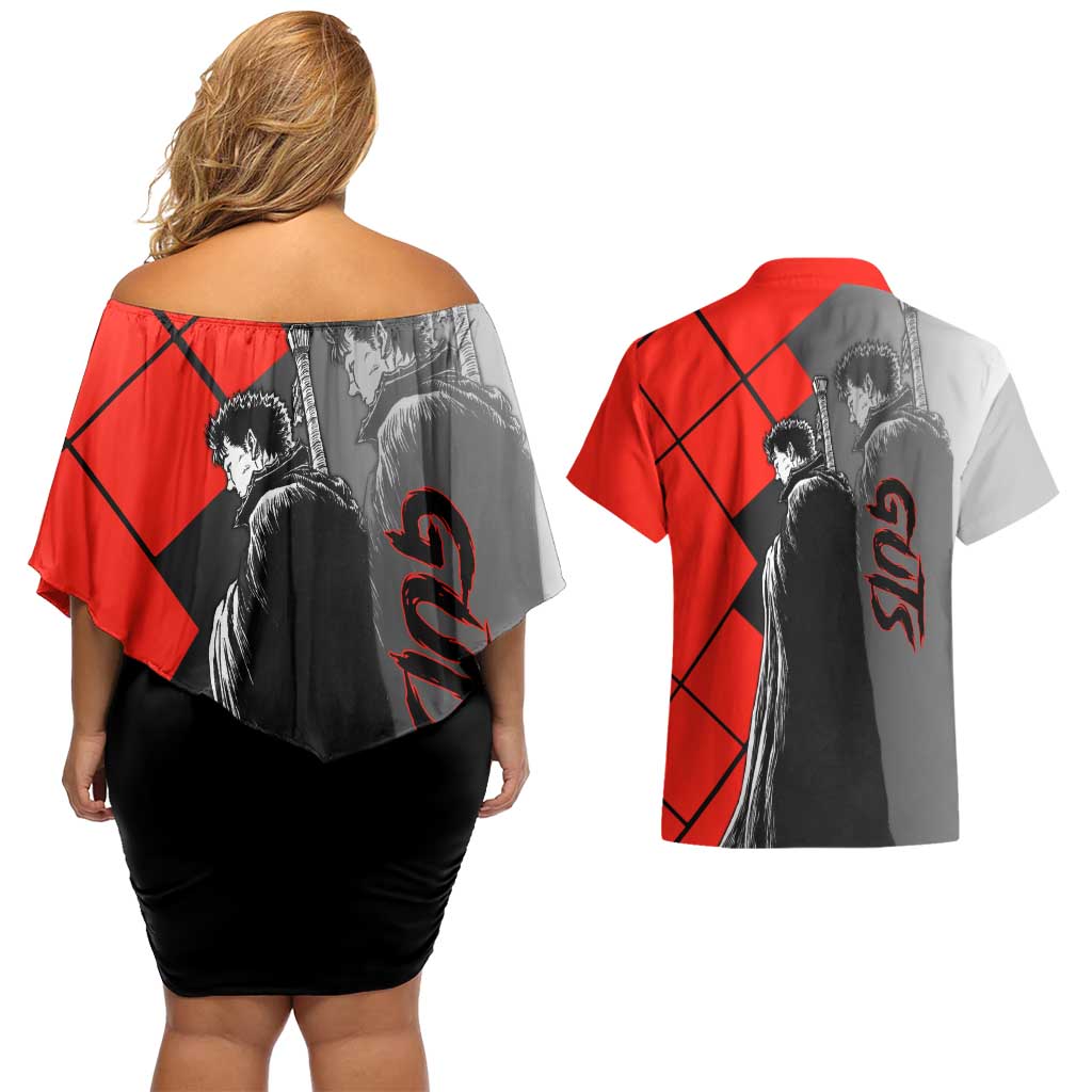 Guts Berserk Couples Matching Off Shoulder Short Dress and Hawaiian Shirt with Dragonslayer Sword and Intense Battle Pose Design - The Mazicc