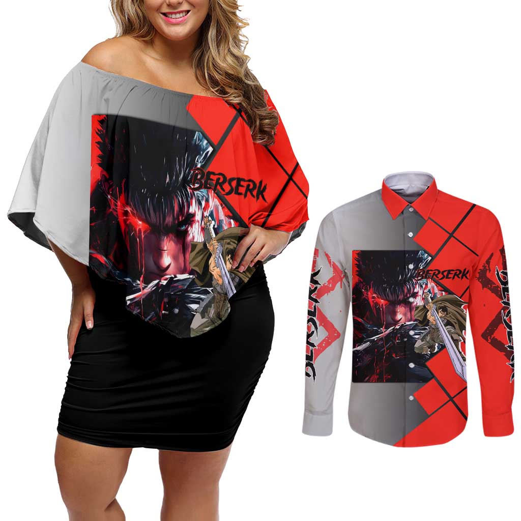 Guts Berserk Couples Matching Off Shoulder Short Dress and Long Sleeve Button Shirt with Dragonslayer Sword and Intense Battle Pose Design - The Mazicc