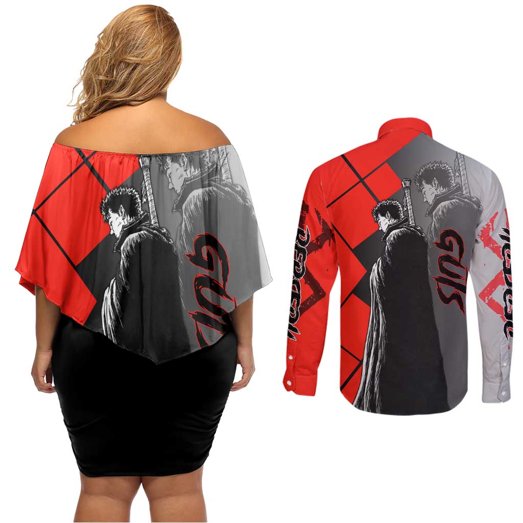 Guts Berserk Couples Matching Off Shoulder Short Dress and Long Sleeve Button Shirt with Dragonslayer Sword and Intense Battle Pose Design - The Mazicc
