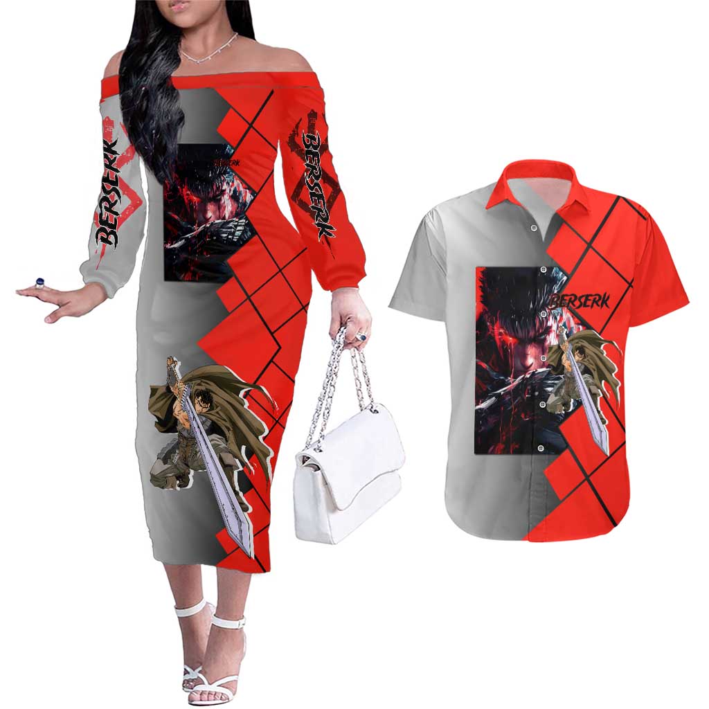 Guts Berserk Couples Matching Off The Shoulder Long Sleeve Dress and Hawaiian Shirt with Dragonslayer Sword and Intense Battle Pose Design - The Mazicc