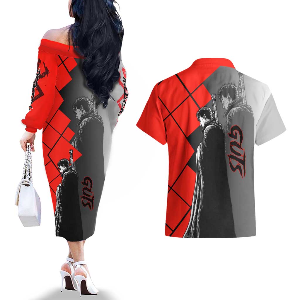 Guts Berserk Couples Matching Off The Shoulder Long Sleeve Dress and Hawaiian Shirt with Dragonslayer Sword and Intense Battle Pose Design - The Mazicc