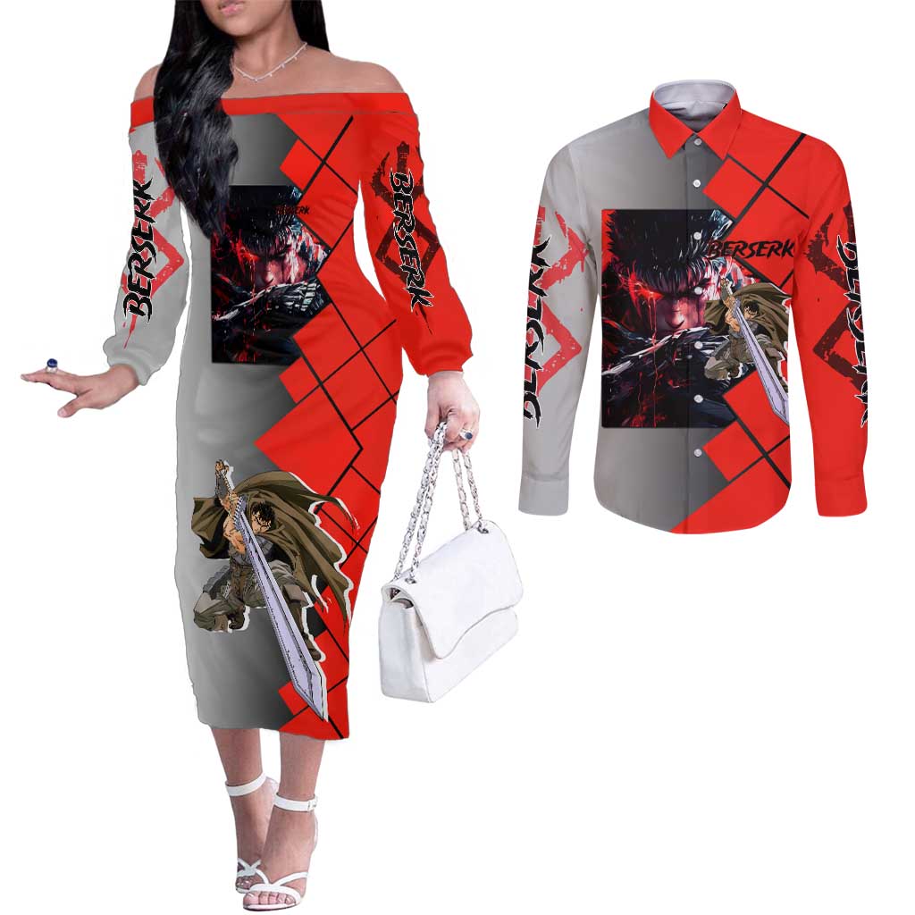 Guts Berserk Couples Matching Off The Shoulder Long Sleeve Dress and Long Sleeve Button Shirt with Dragonslayer Sword and Intense Battle Pose Design - The Mazicc