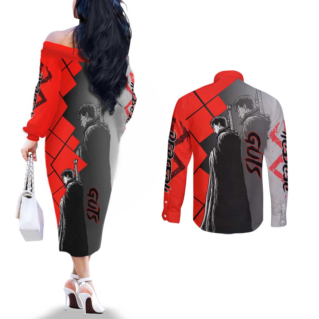 Guts Berserk Couples Matching Off The Shoulder Long Sleeve Dress and Long Sleeve Button Shirt with Dragonslayer Sword and Intense Battle Pose Design - The Mazicc