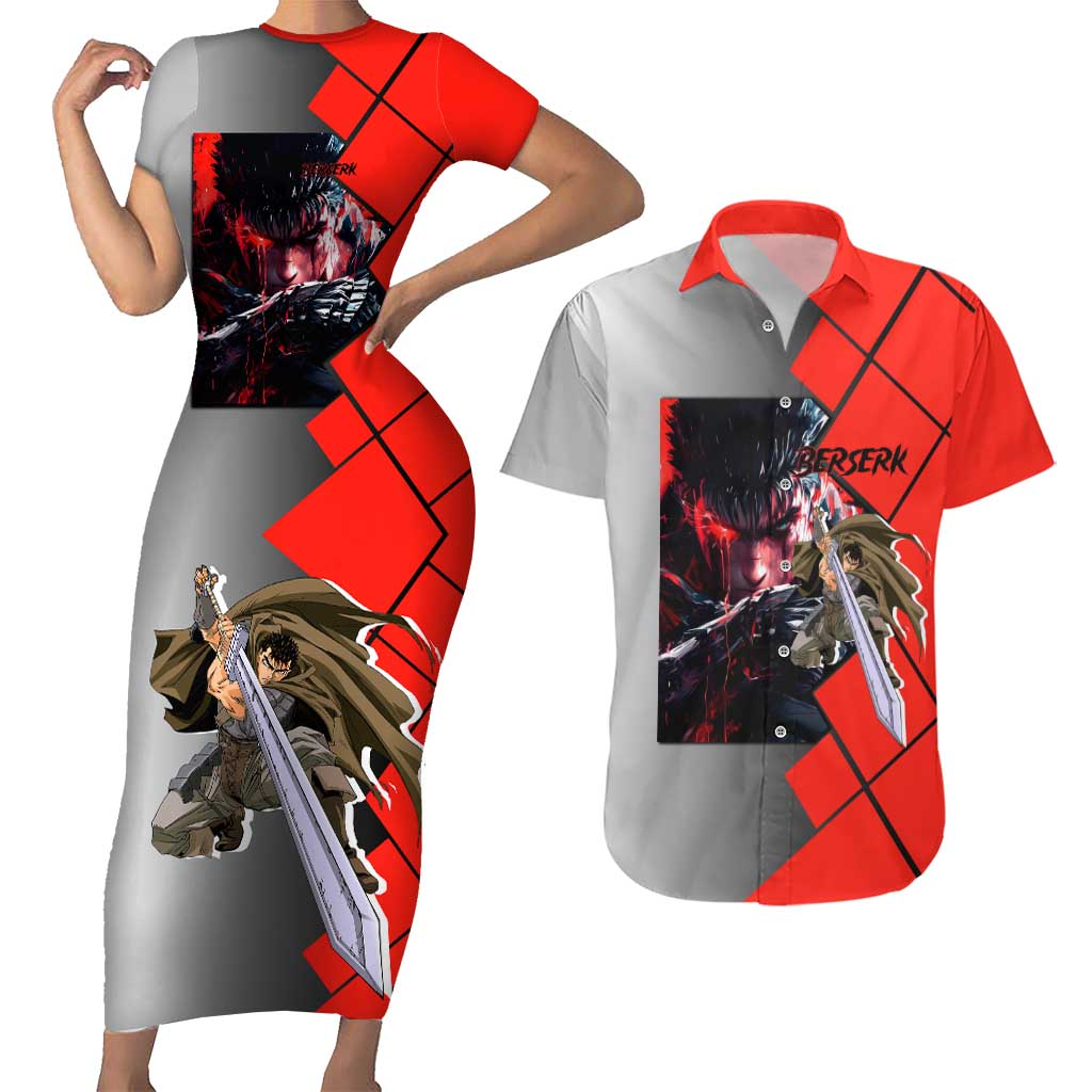 Guts Berserk Couples Matching Short Sleeve Bodycon Dress and Hawaiian Shirt with Dragonslayer Sword and Intense Battle Pose Design - The Mazicc