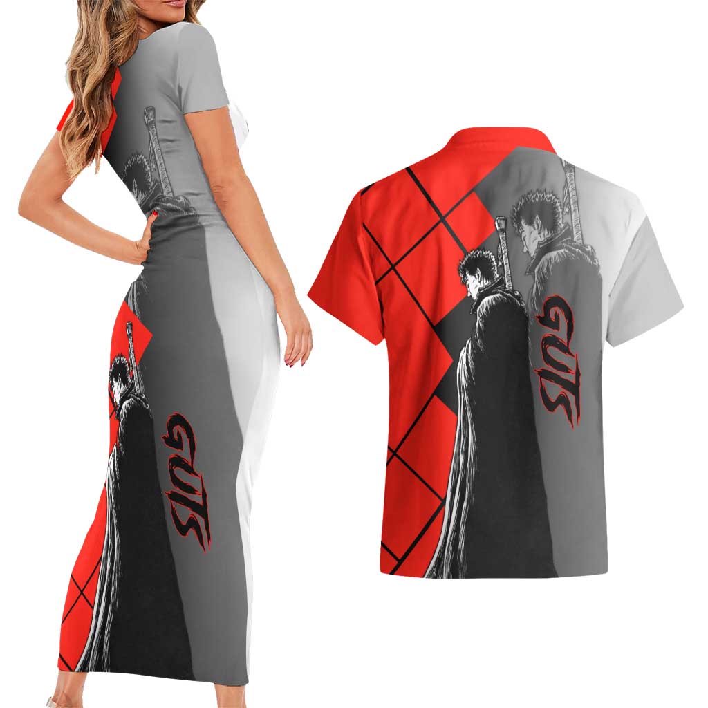 Guts Berserk Couples Matching Short Sleeve Bodycon Dress and Hawaiian Shirt with Dragonslayer Sword and Intense Battle Pose Design - The Mazicc