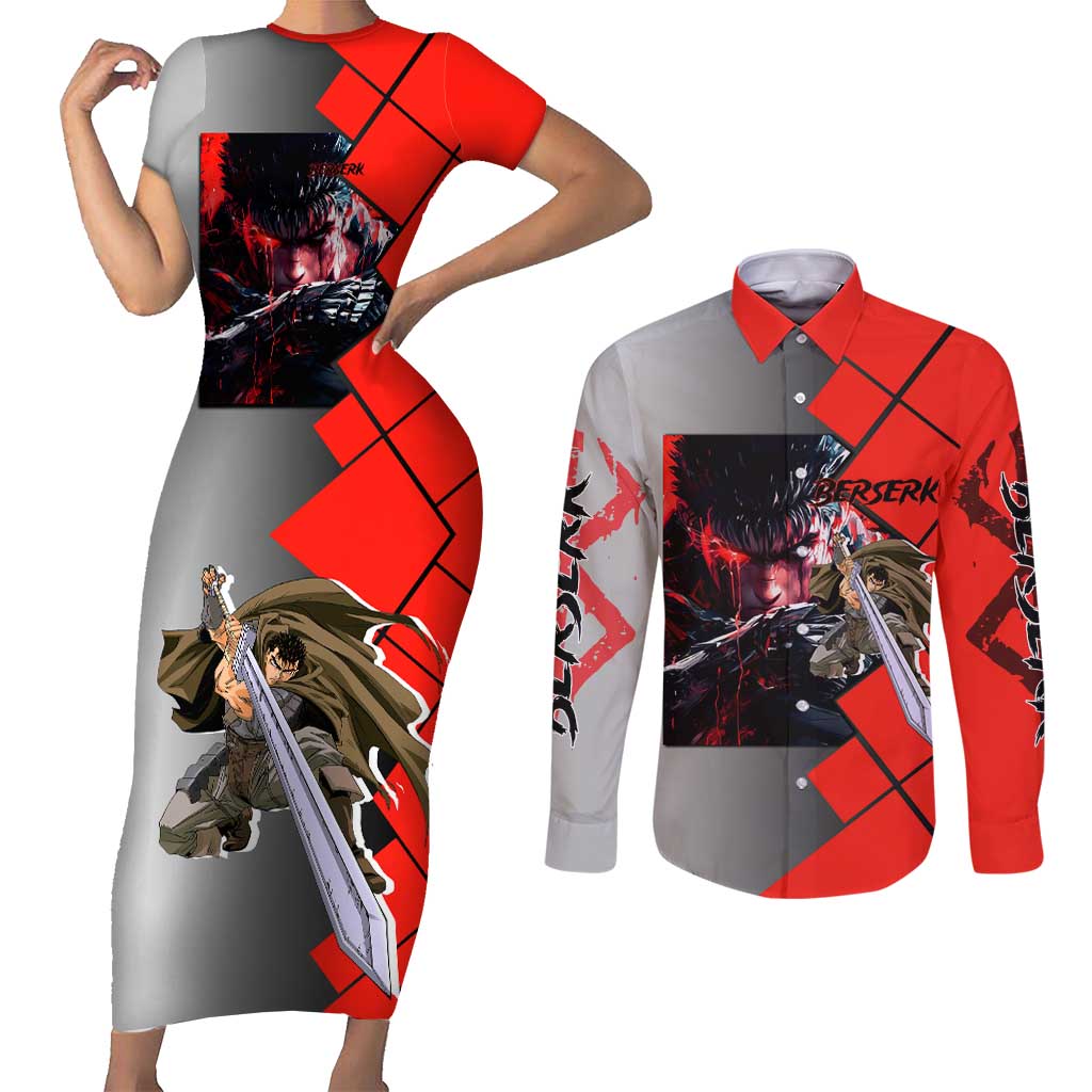 Guts Berserk Couples Matching Short Sleeve Bodycon Dress and Long Sleeve Button Shirt with Dragonslayer Sword and Intense Battle Pose Design - The Mazicc