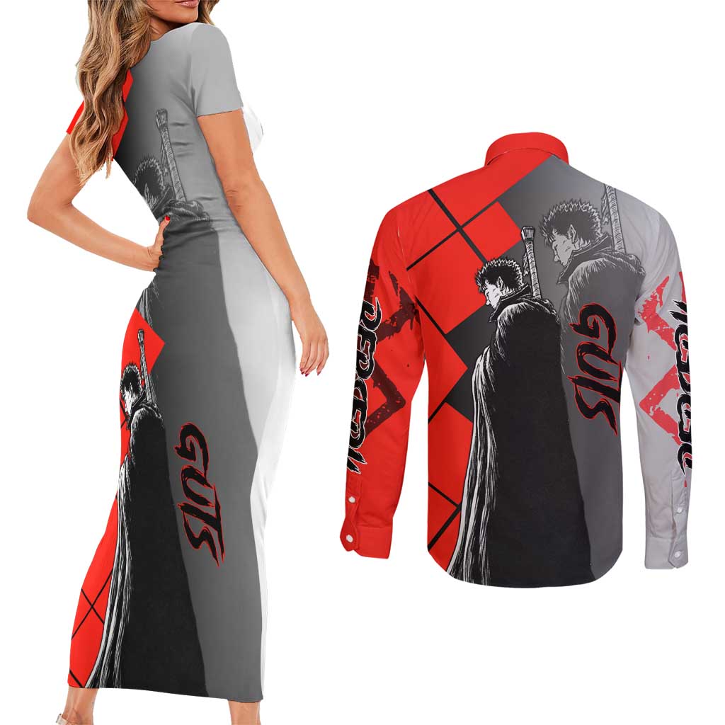 Guts Berserk Couples Matching Short Sleeve Bodycon Dress and Long Sleeve Button Shirt with Dragonslayer Sword and Intense Battle Pose Design - The Mazicc