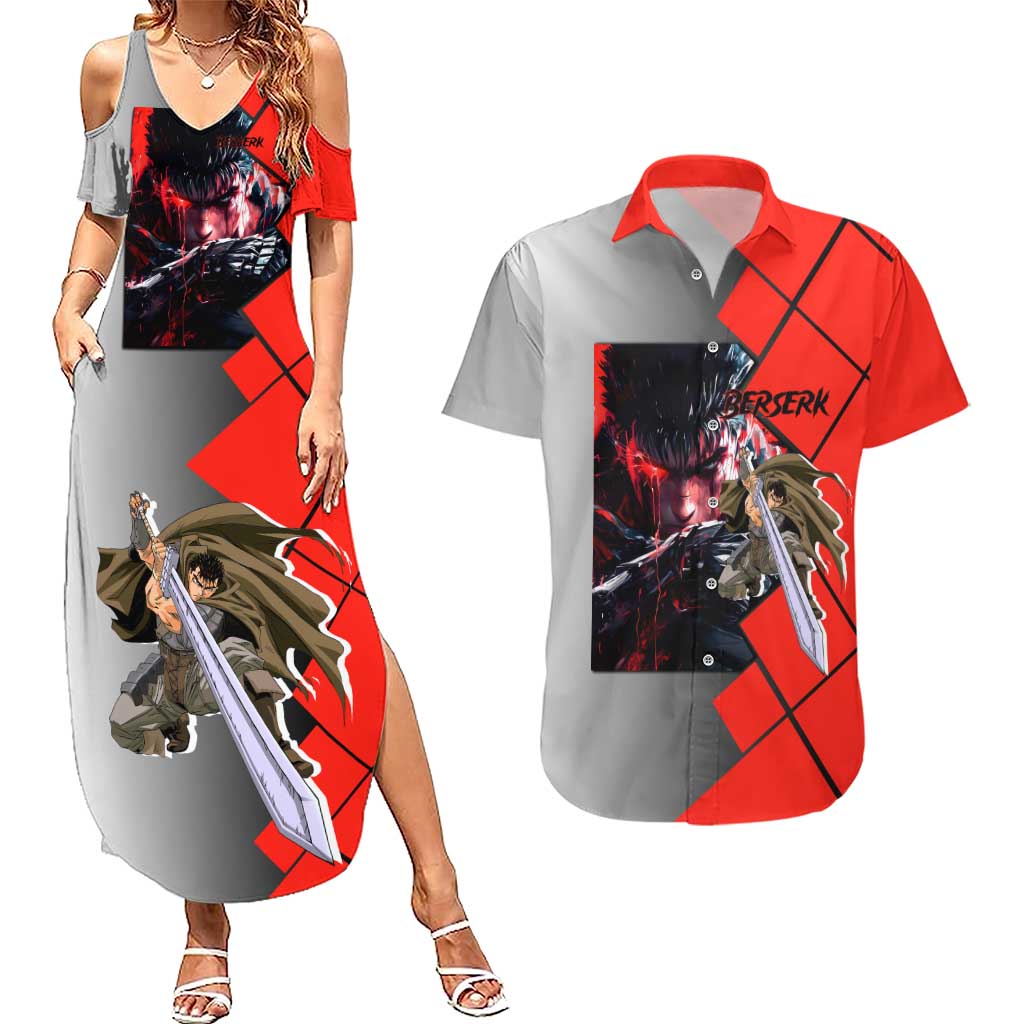 Guts Berserk Couples Matching Summer Maxi Dress and Hawaiian Shirt with Dragonslayer Sword and Intense Battle Pose Design - The Mazicc