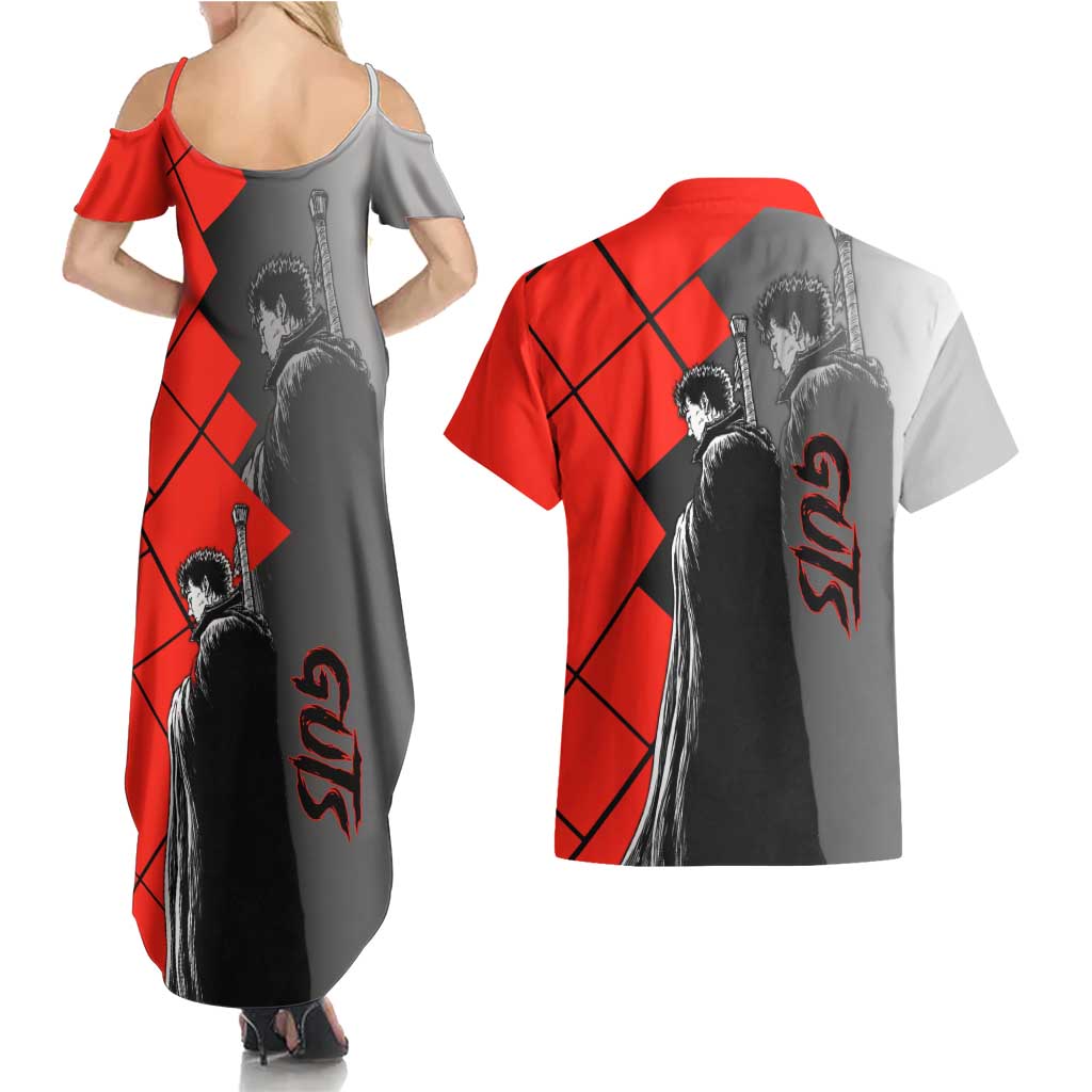 Guts Berserk Couples Matching Summer Maxi Dress and Hawaiian Shirt with Dragonslayer Sword and Intense Battle Pose Design - The Mazicc