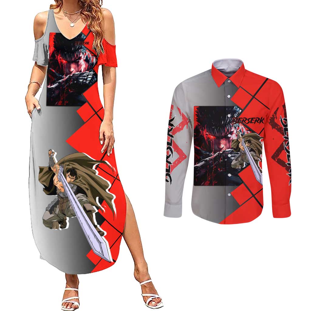 Guts Berserk Couples Matching Summer Maxi Dress and Long Sleeve Button Shirt with Dragonslayer Sword and Intense Battle Pose Design - The Mazicc