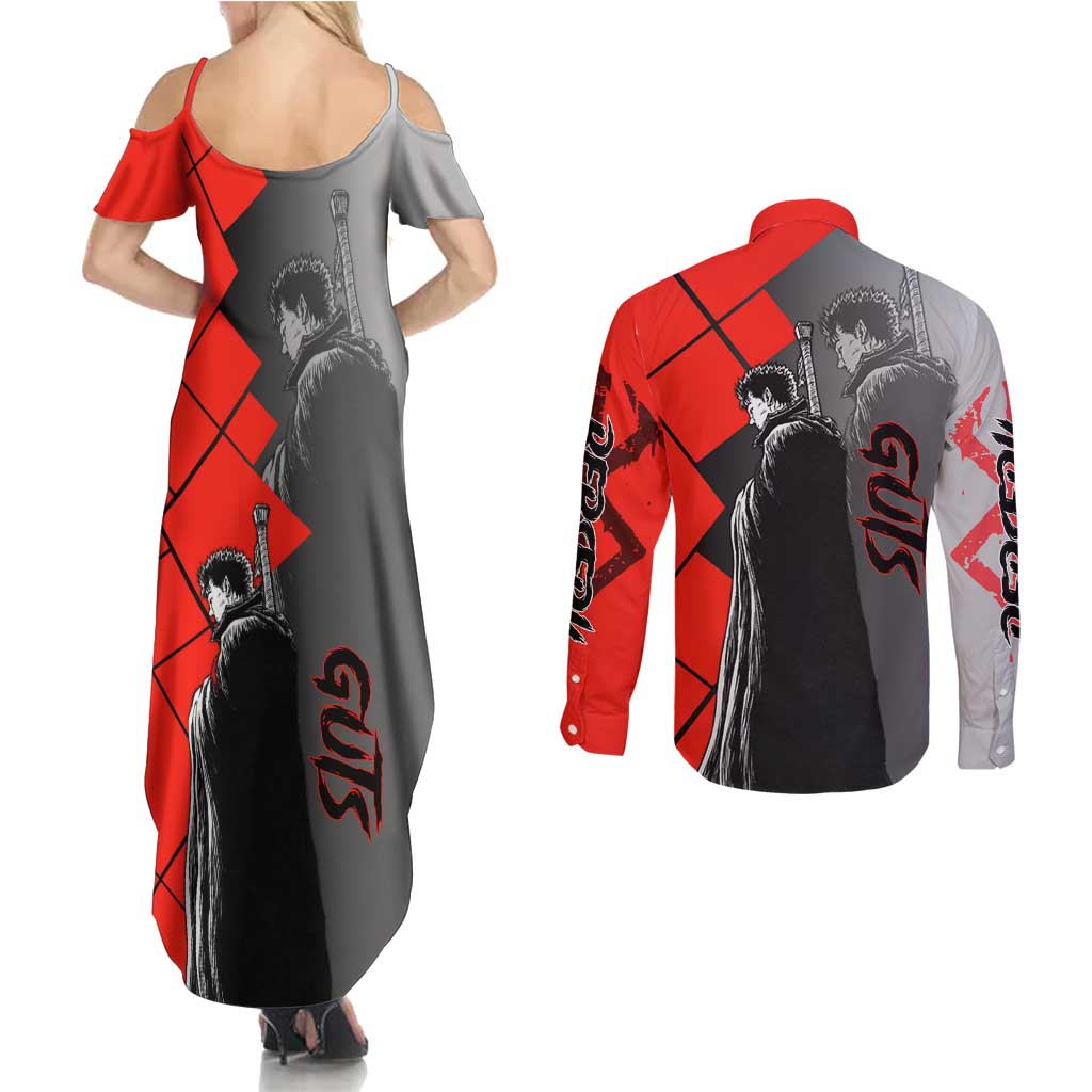 Guts Berserk Couples Matching Summer Maxi Dress and Long Sleeve Button Shirt with Dragonslayer Sword and Intense Battle Pose Design - The Mazicc