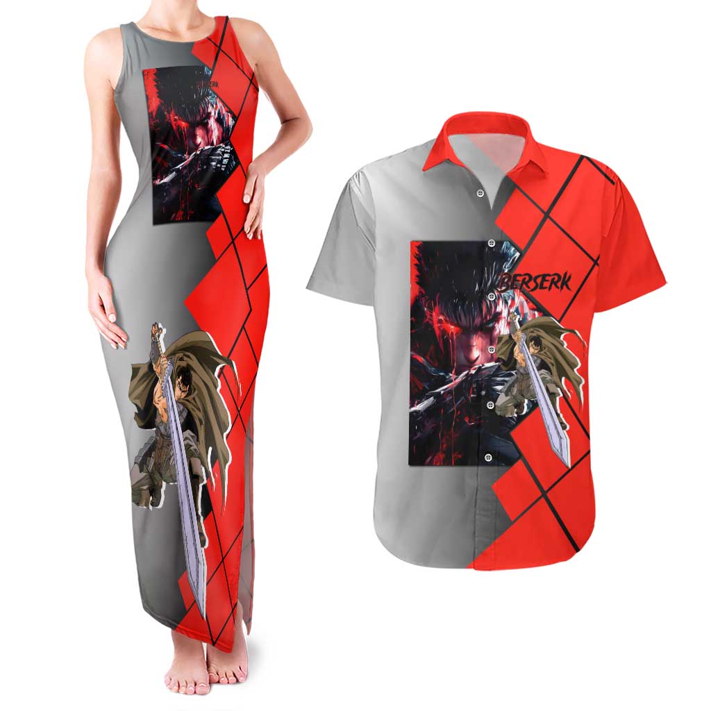 Guts Berserk Couples Matching Tank Maxi Dress and Hawaiian Shirt with Dragonslayer Sword and Intense Battle Pose Design - The Mazicc