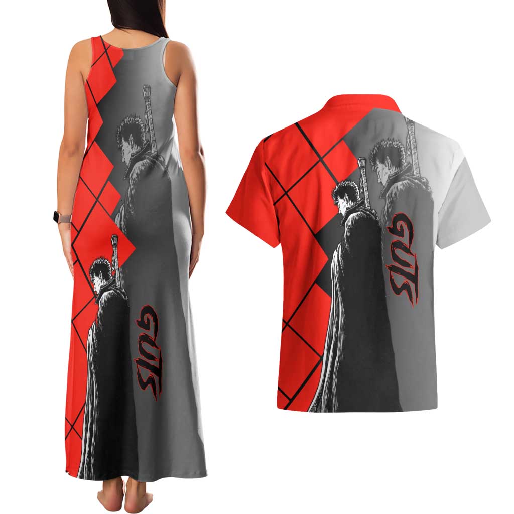 Guts Berserk Couples Matching Tank Maxi Dress and Hawaiian Shirt with Dragonslayer Sword and Intense Battle Pose Design - The Mazicc